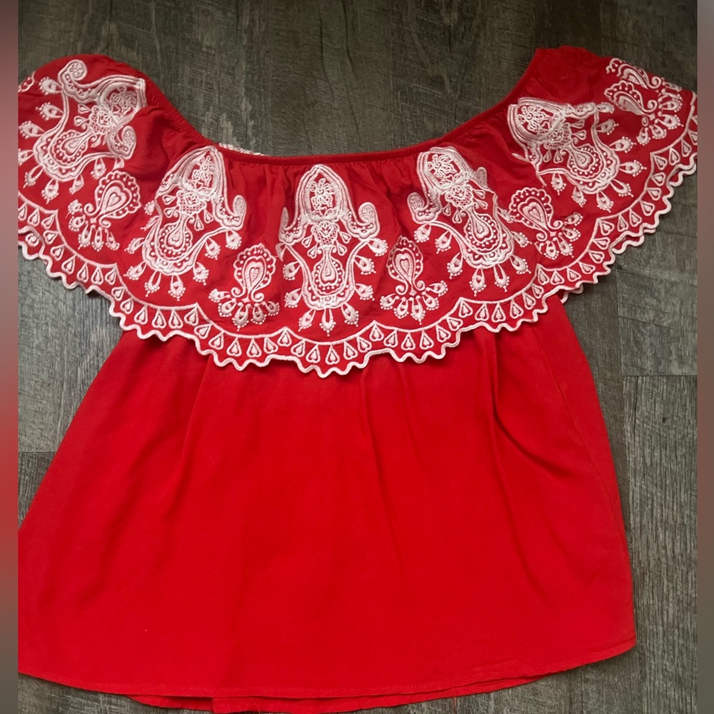 Red orange embroidered off the shoulder top